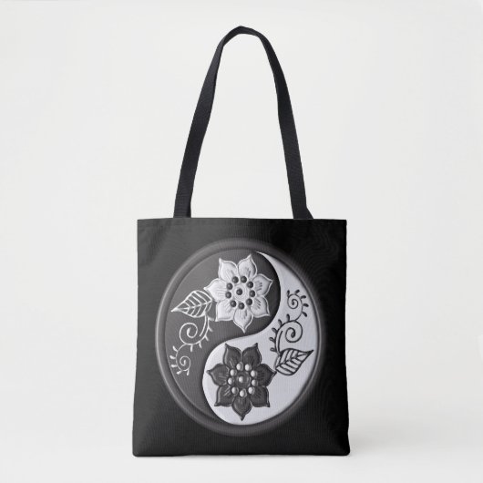 Black and Silver Floral Yin Yang トートバッグ (正面)