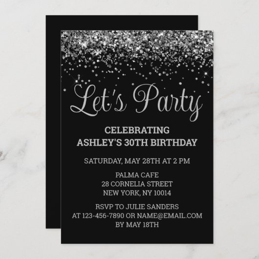 Black and Silver Glitter 30th Birthday Party 30 招待状 (正面/裏面)