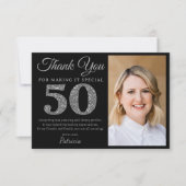 Black And Silver Glitter 50th Birthday Party Photo サンキューカード (正面)