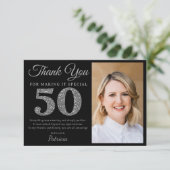 Black And Silver Glitter 50th Birthday Party Photo サンキューカード (スタンド正面)