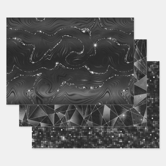 Black and Silver Glitter Geometric Patterns ラッピングペーパーシート (セット)