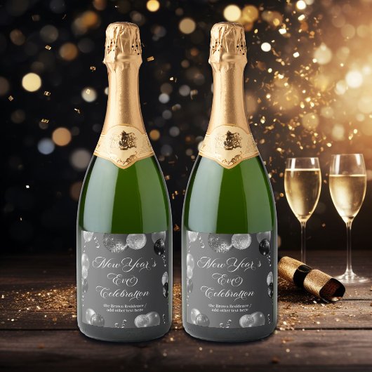 Black and Silver Glitter New Year's Eve Party  スパークリングワインラベル