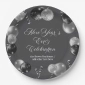 Black and Silver Glitter New Year's Eve Party  ペーパープレート (正面)