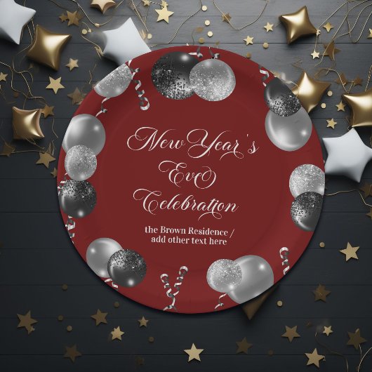 Black and Silver Glitter New Year's Eve Party ペーパープレート