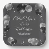 Black and Silver Glitter New Year's Eve Party  ペーパープレート (正面)