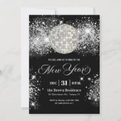 Black and Silver Glitter New Year's Eve Party 招待状 (正面)