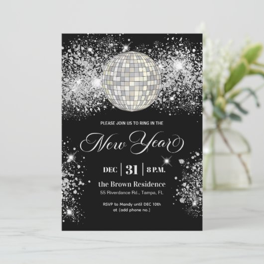 Black and Silver Glitter New Year's Eve Party 招待状 (スタンド正面)