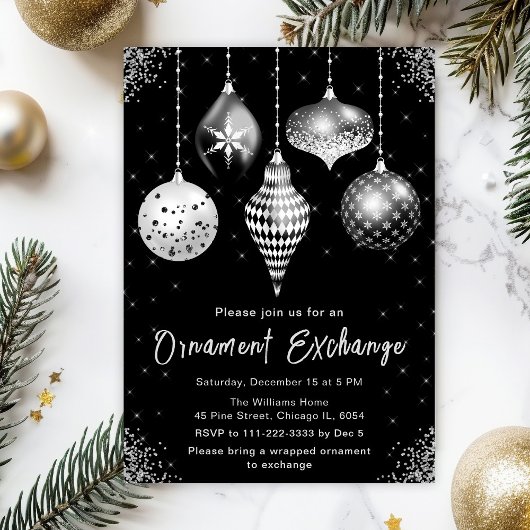 Black and Silver Ornament Exchange Party 招待状