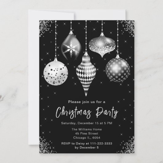 Black and Silver Ornaments Christmas Party 招待状 (正面)