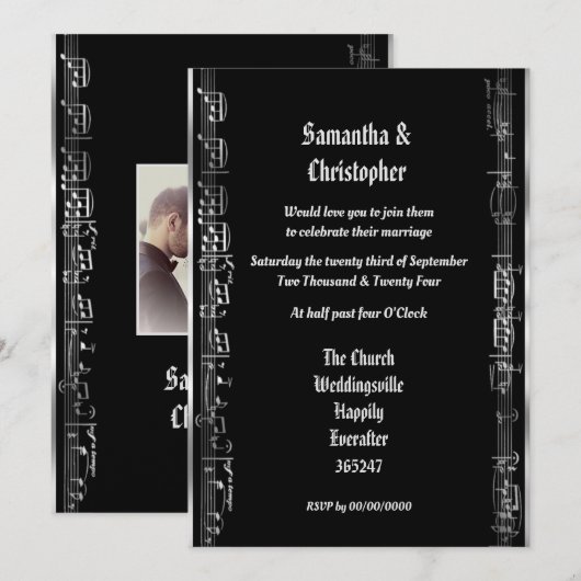 Black and silver wedding photo invitation 招待状 (正面/裏面)