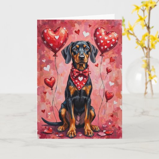 Black and Tan Coonhound Valentine Dog カード (黄色い花)
