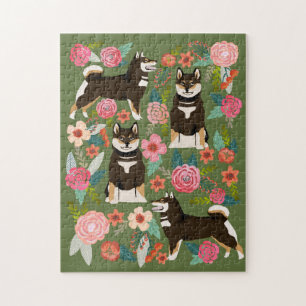 Black and Tan Shiba Inu Florals ジグソーパズル