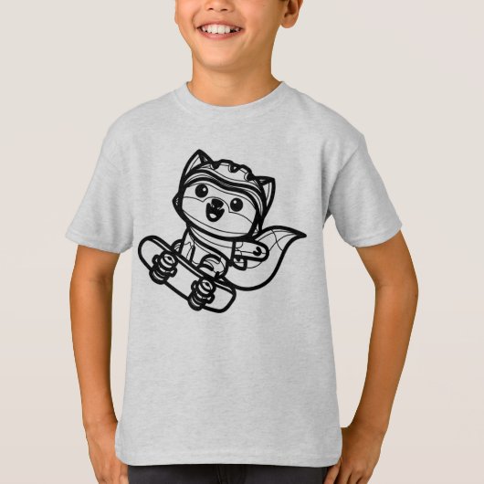 BLACK AND WHITE #28 - スケートボードで遊ぶキツネ Tシャツ (正面)