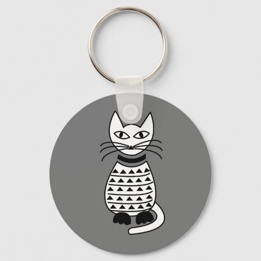 Black and White Abstract Geometric Cat キーホルダー (正面)