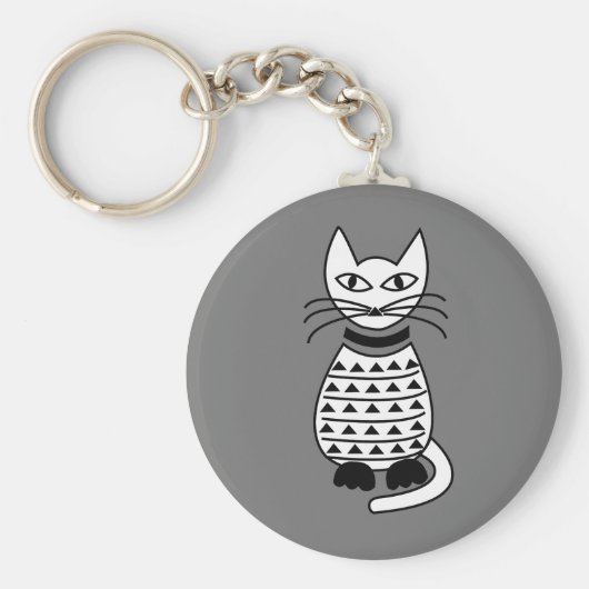 Black and White Abstract Geometric Cat キーホルダー (正面)