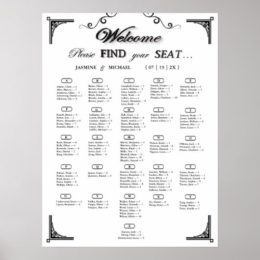 Black and White Alphabetical Wedding Seating Chart ポスター (正面)
