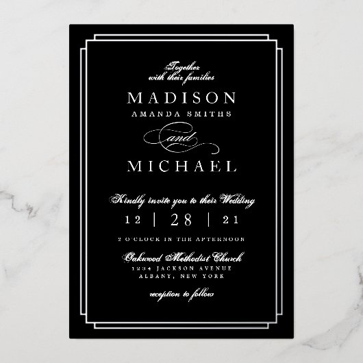 Black and White and Silver Foil Wedding Invitation 箔招待状 (正面)