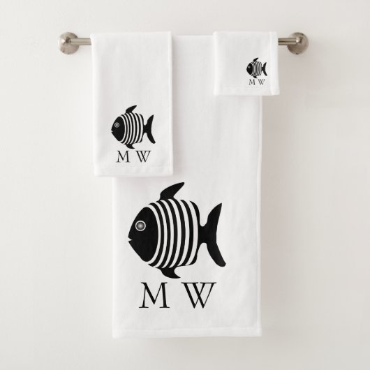 Black And White Angel Fish Design Monogrammed バスタオルセット (インサイチュ)