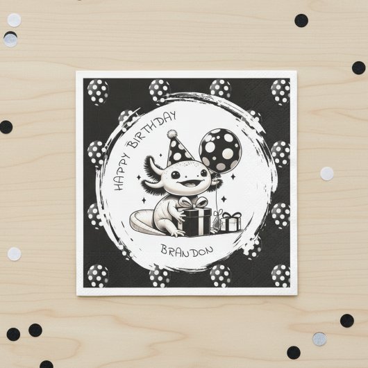 Black and White Axolotl & Balloons Birthday スタンダードランチョンナプキン