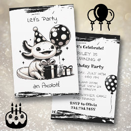 Black and White Axolotl Birthday Party 招待状