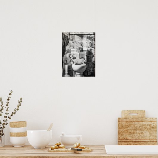 Black and White Bathroom Cat Print, Funny Posters, ポスター (キッチン)