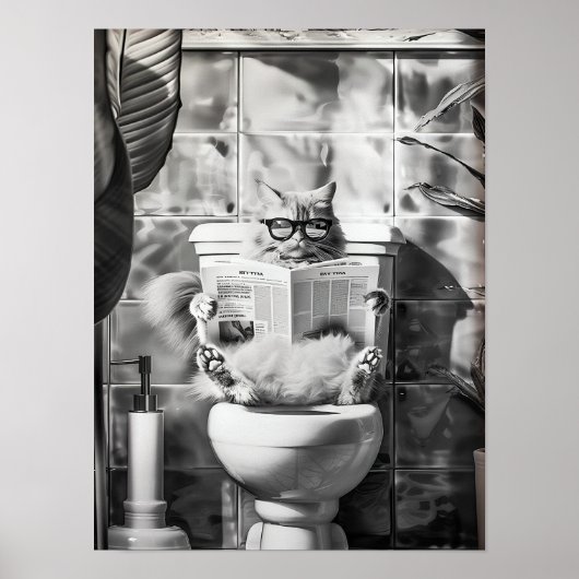 Black and White Bathroom Cat Print, Funny Posters, ポスター (正面)
