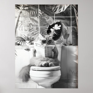 Black and White Bathroom Cat Print, Funny Posters, ポスター