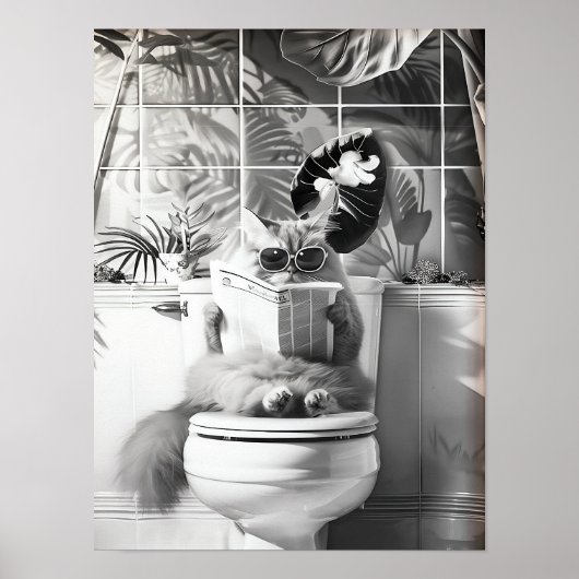 Black and White Bathroom Cat Print, Funny Posters, ポスター (正面)