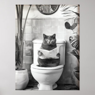 Black and White Bathroom Cat Print, Funny Posters, ポスター