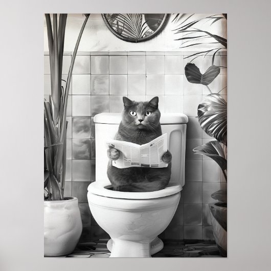 Black and White Bathroom Cat Print, Funny Posters, ポスター (正面)