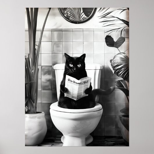 Black and White Bathroom Cat Print, Funny Posters, ポスター (正面)