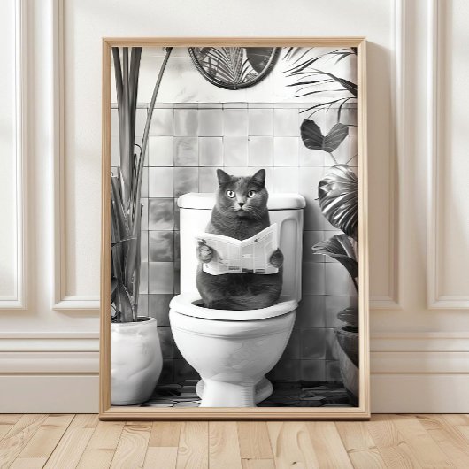 Black and White Bathroom Cat Print, Funny Posters, ポスター