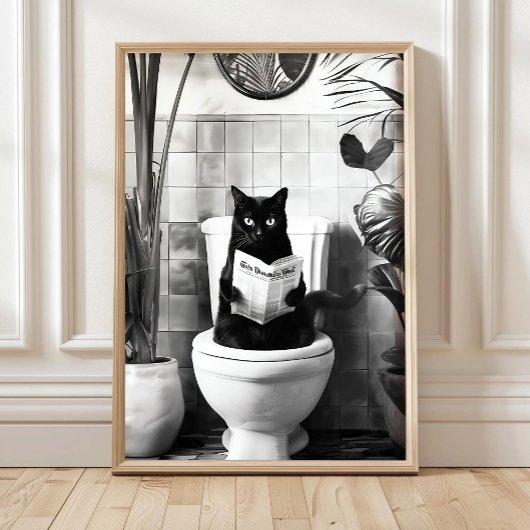 Black and White Bathroom Cat Print, Funny Posters, ポスター