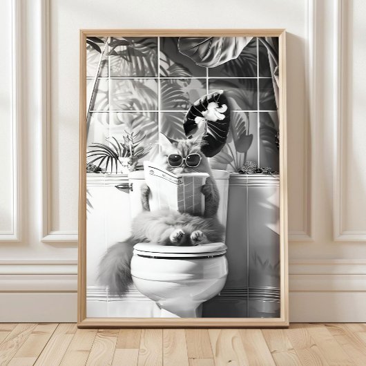 Black and White Bathroom Cat Print, Funny Posters, ポスター