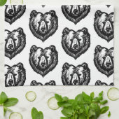 Black and White Bear's Face Ink Drawing キッチンタオル (折り畳み)