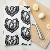 Black and White Bear's Face Ink Drawing キッチンタオル (四つ折り)