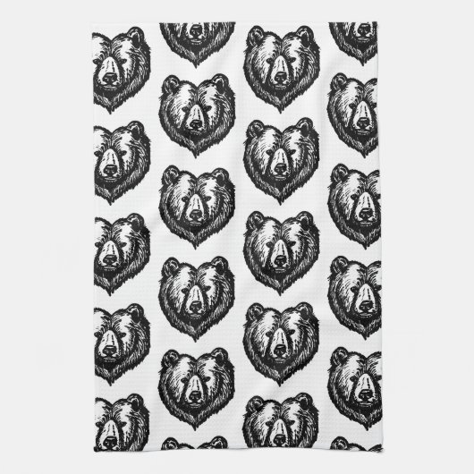 Black and White Bear's Face Ink Drawing キッチンタオル (縦)