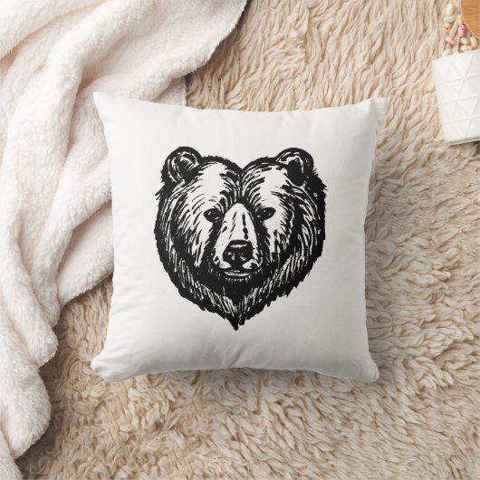 Black and White Bear's Face Ink Drawing クッション (ブランケット)