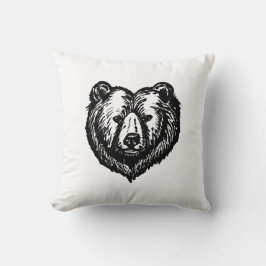 Black and White Bear's Face Ink Drawing クッション