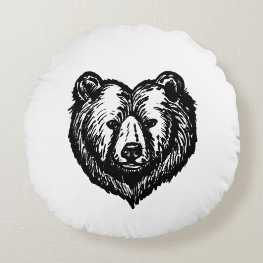 Black and White Bear's Face Ink Drawing ラウンドクッション (正面)