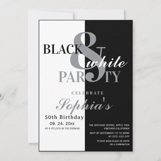  Black and White Birthday Party 招待状 (正面)