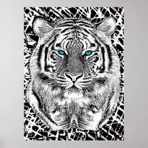 Black And White Blue Eyes Tiger design ポスター