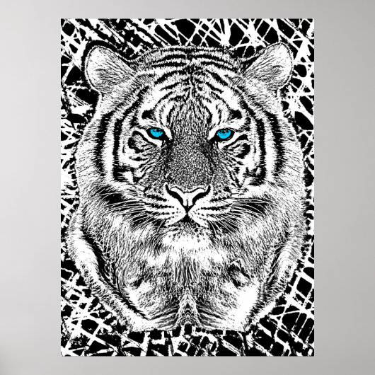 Black And White Blue Eyes Tiger design ポスター (正面)