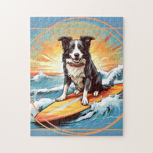 Black and White Border Collie Surfing ジグソーパズル (縦)