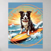 Black and White Border Collie Surfing ポスター (正面)