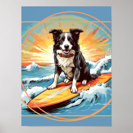 Black and White Border Collie Surfing ポスター