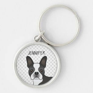 Black And White Boston Terrier Cartoon Dog & Name キーホルダー