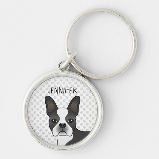 Black And White Boston Terrier Cartoon Dog & Name キーホルダー (正面)