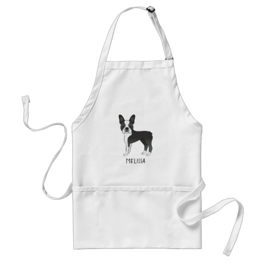 Black And White Boston Terrier Cartoon Dog & Name スタンダードエプロン (正面)
