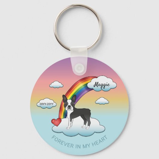 Black And White Boston Terrier Rainbow Memorial キーホルダー (正面)